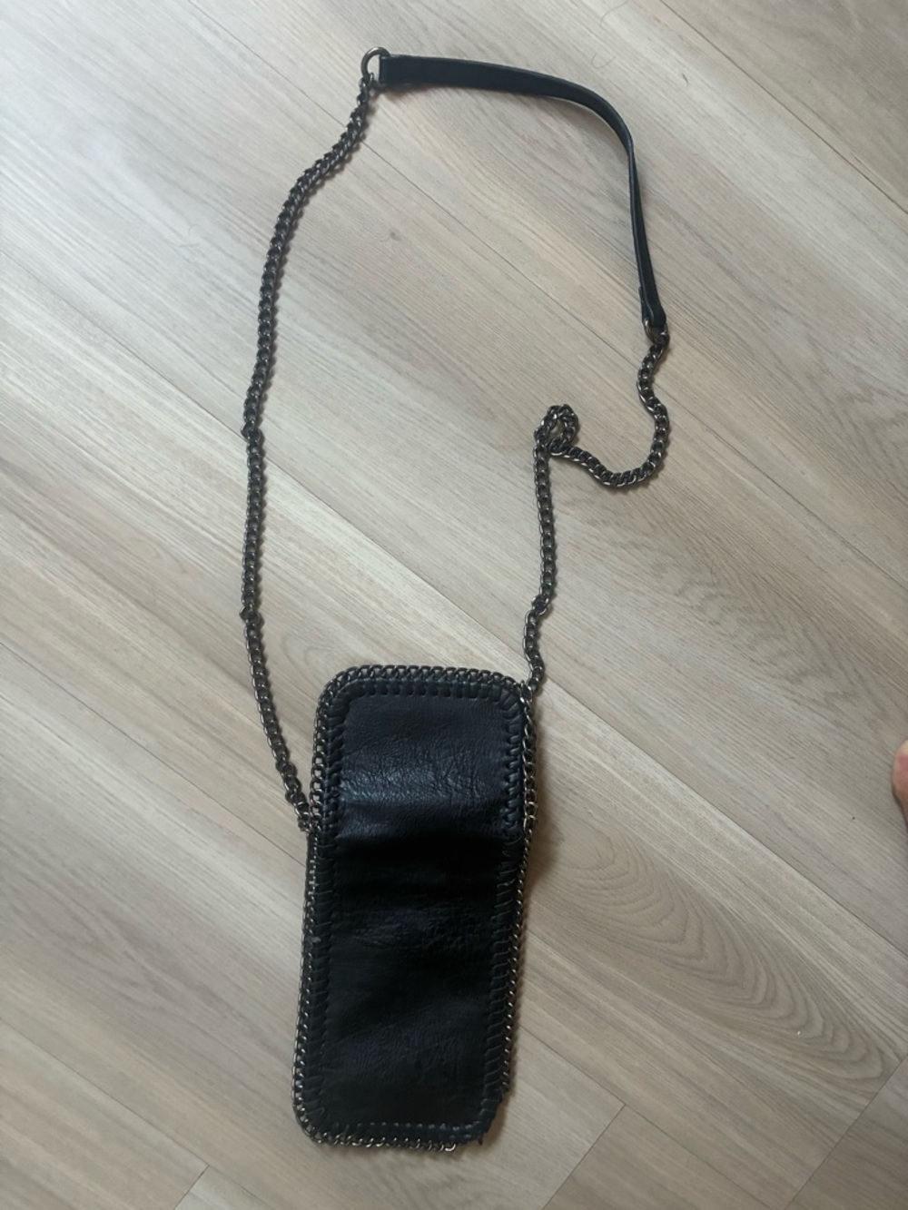 Black Leather Crossbody Pouch with Chain Strap